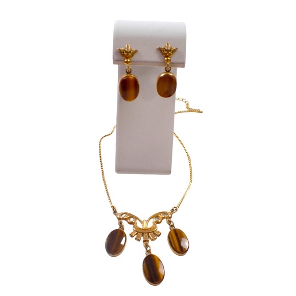 Vintage AMCO 12K GF Tigers Eye Necklace Earring Set - Picture 3 of 7